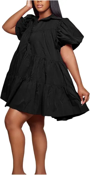 Women's Callor Button Down Puff Short Sleeve Ruffle Hem Loose Mini Dress Lined Midi Dress