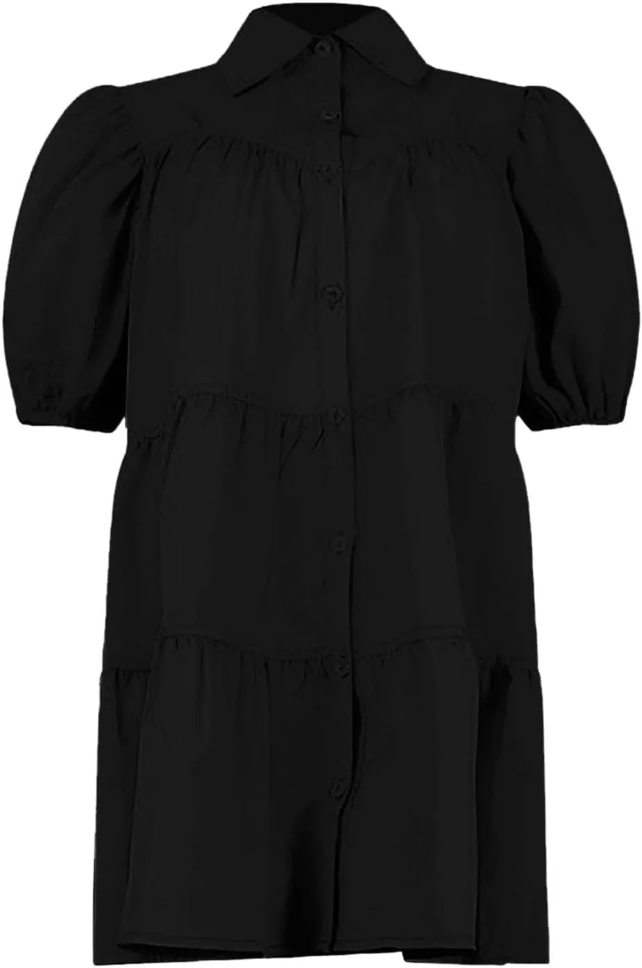 Women's Callor Button Down Puff Short Sleeve Ruffle Hem Loose Mini Dress Lined Midi Dress