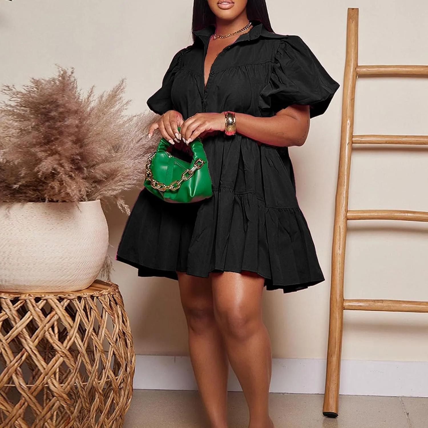 Women's Callor Button Down Puff Short Sleeve Ruffle Hem Loose Mini Dress Lined Midi Dress