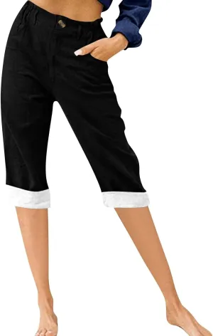 Womens Capri Pants 2025 Summer Wide Leg Casual Solid Color High Waist Loose Cropped Trousers with Pockets