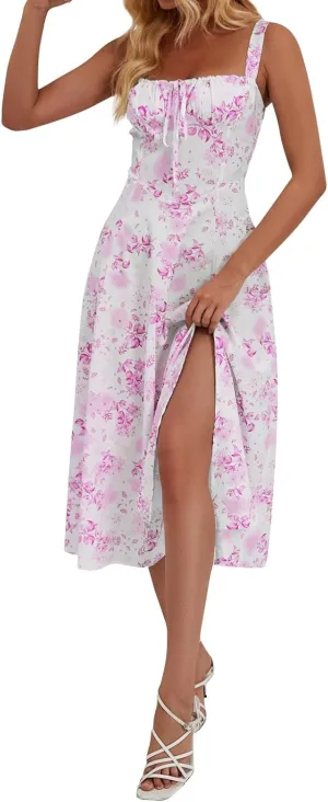 Women's Casual Floral Printed Long Beach Wedding Guest Dresses Spaghetti Strap V-Neck Floral Short Party Dress
