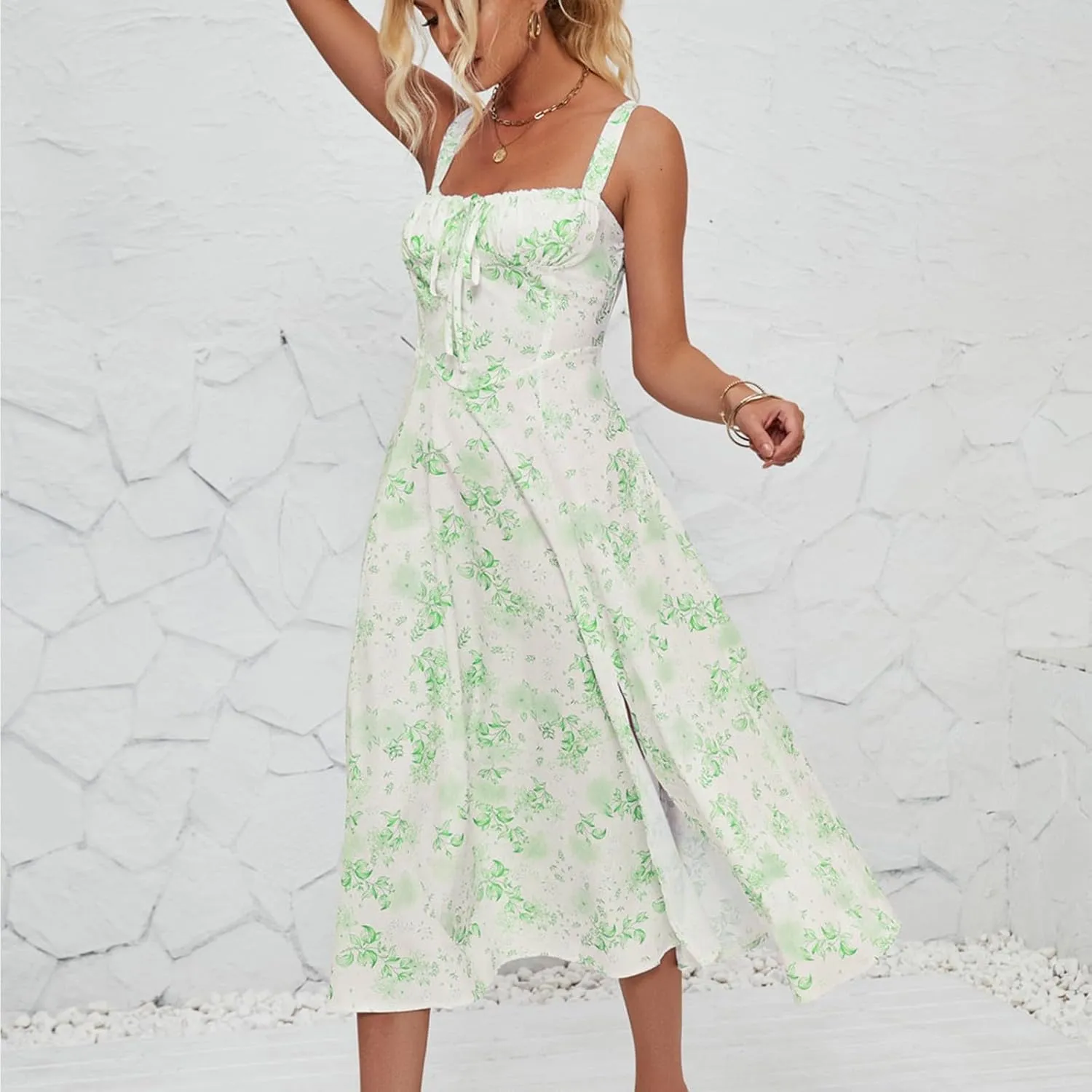 Women's Casual Floral Printed Long Beach Wedding Guest Dresses Spaghetti Strap V-Neck Floral Short Party Dress