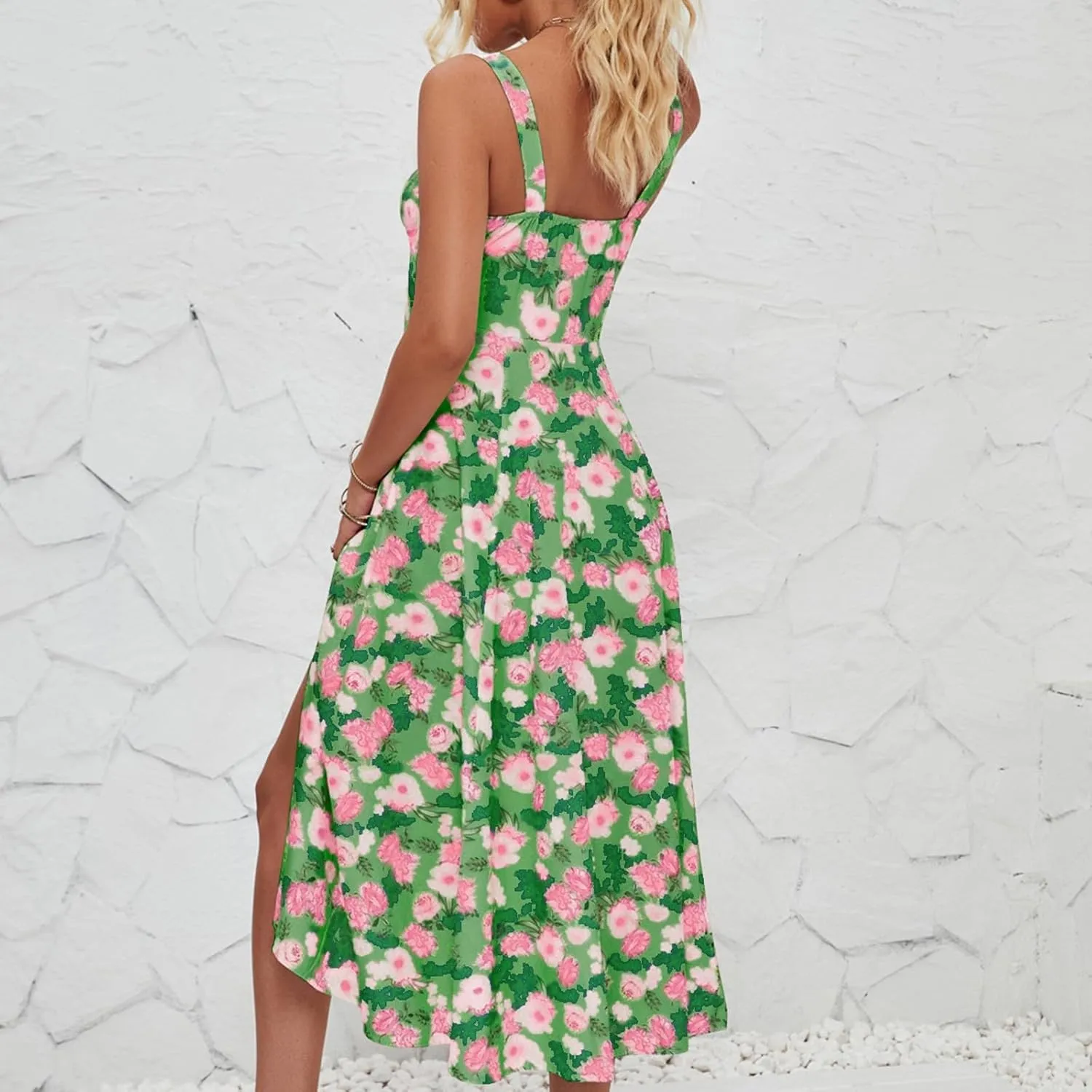 Women's Casual Floral Printed Long Beach Wedding Guest Dresses Spaghetti Strap V-Neck Floral Short Party Dress