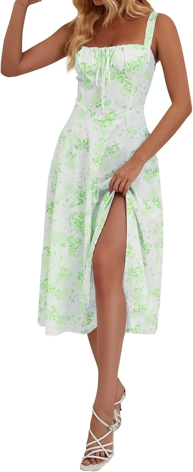 Women's Casual Floral Printed Long Beach Wedding Guest Dresses Spaghetti Strap V-Neck Floral Short Party Dress