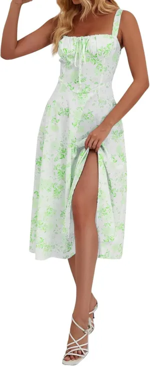 Women's Casual Floral Printed Long Beach Wedding Guest Dresses Spaghetti Strap V-Neck Floral Short Party Dress