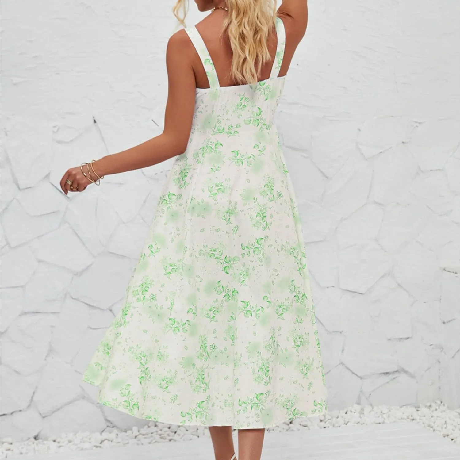 Women's Casual Floral Printed Long Beach Wedding Guest Dresses Spaghetti Strap V-Neck Floral Short Party Dress