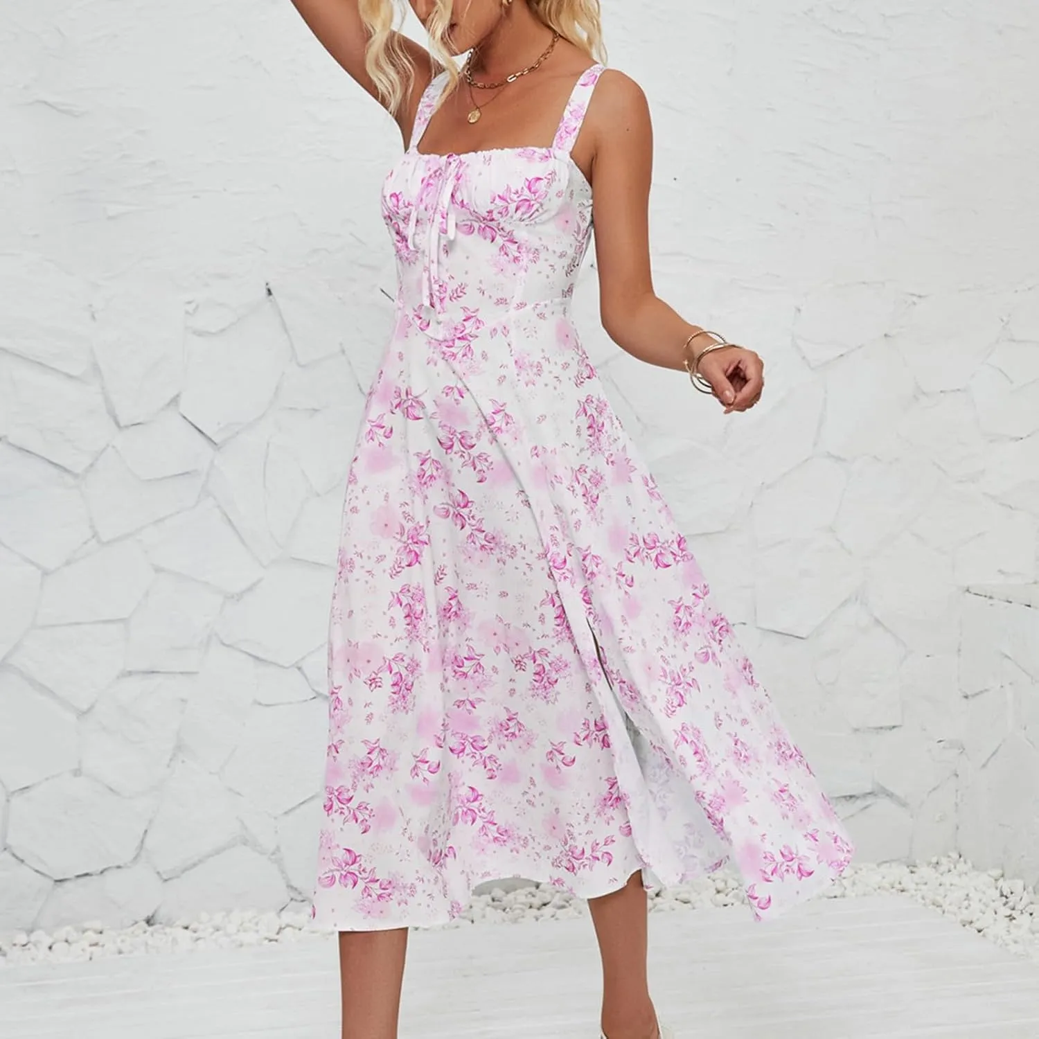 Women's Casual Floral Printed Long Beach Wedding Guest Dresses Spaghetti Strap V-Neck Floral Short Party Dress