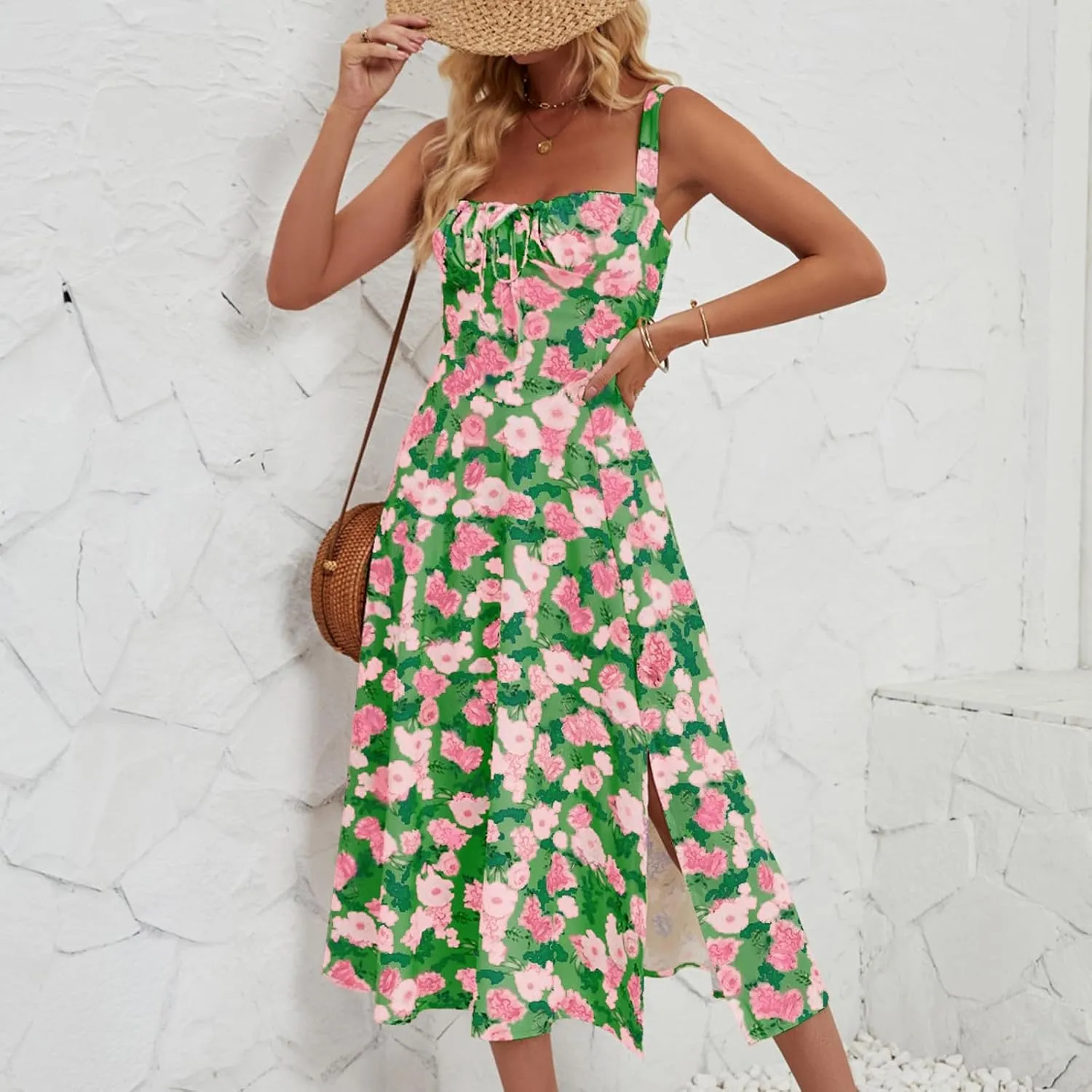 Women's Casual Floral Printed Long Beach Wedding Guest Dresses Spaghetti Strap V-Neck Floral Short Party Dress