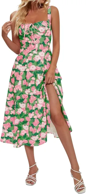 Women's Casual Floral Printed Long Beach Wedding Guest Dresses Spaghetti Strap V-Neck Floral Short Party Dress