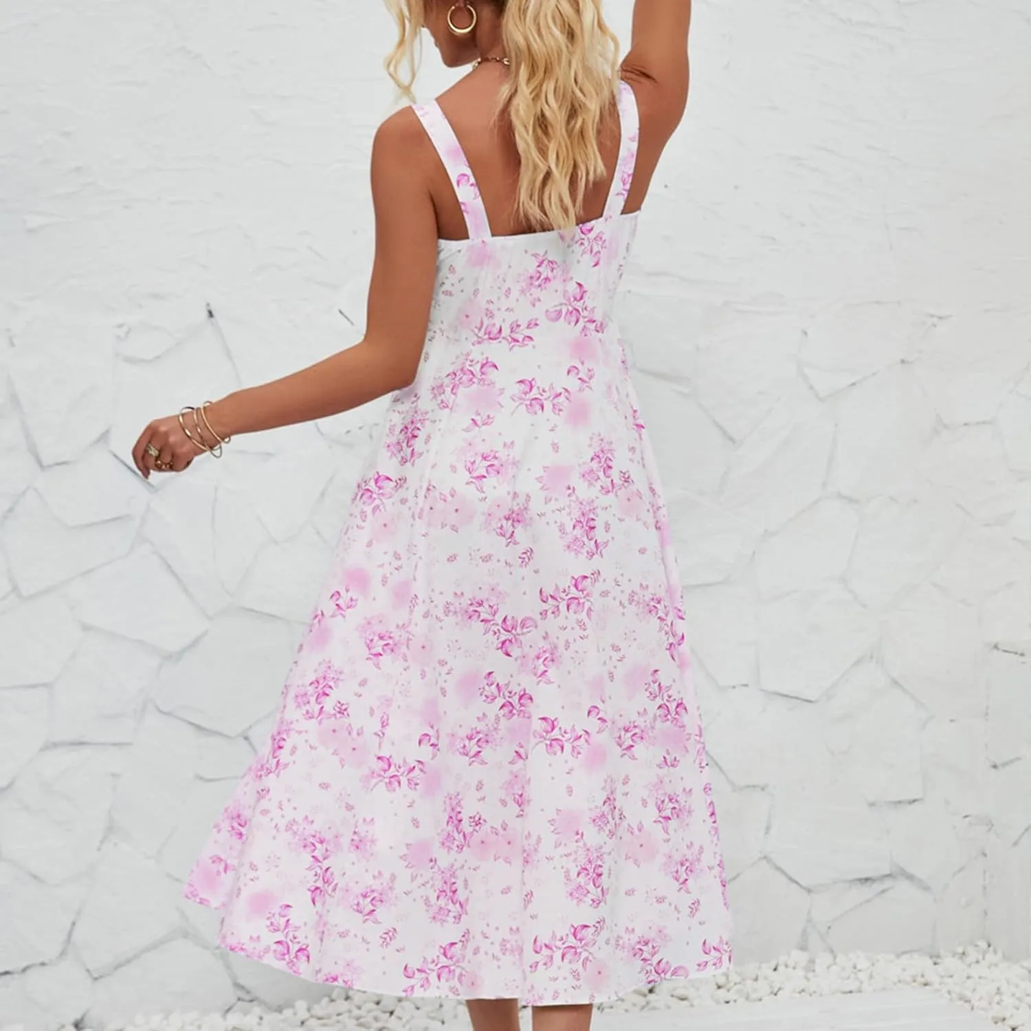 Women's Casual Floral Printed Long Beach Wedding Guest Dresses Spaghetti Strap V-Neck Floral Short Party Dress