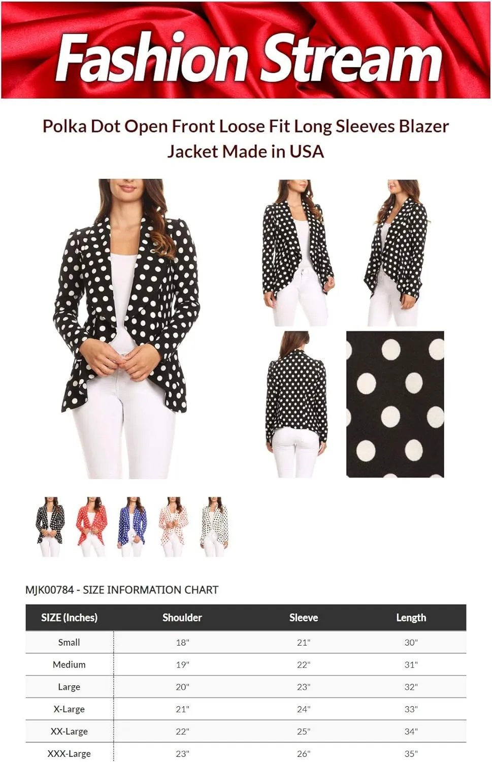 Women's Casual Long Sleeves Open Front Office Wear Solid Blazer Jacket S-3XL Made in USA