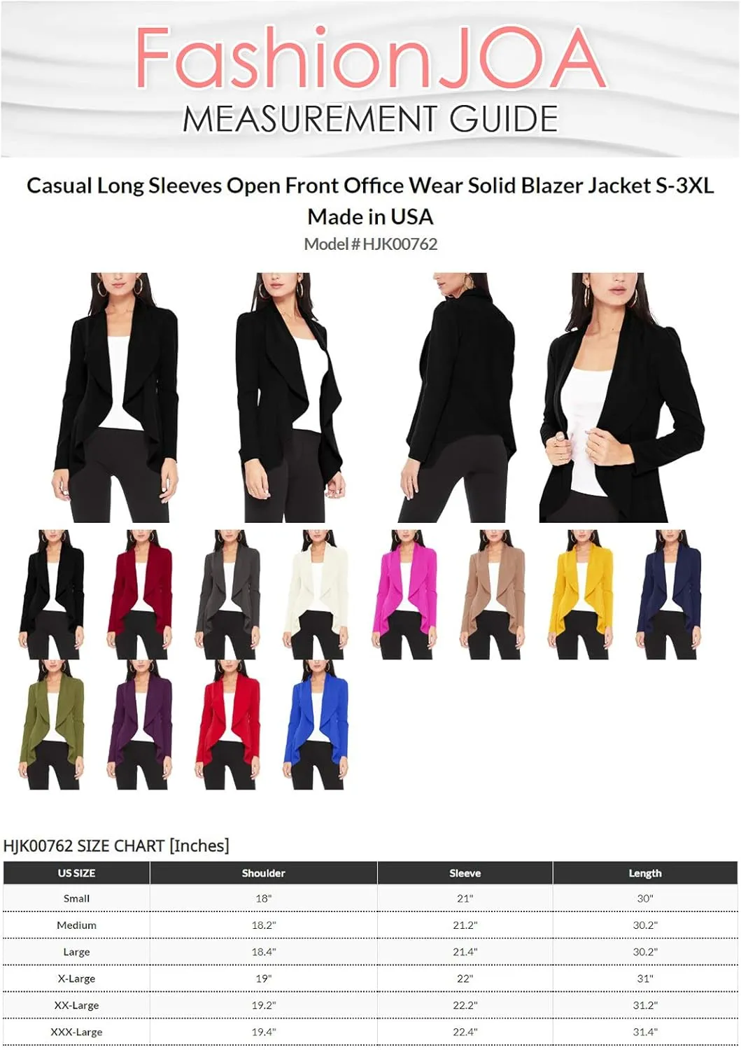 Women's Casual Long Sleeves Open Front Office Wear Solid Blazer Jacket S-3XL Made in USA
