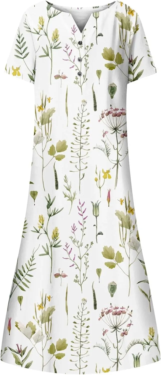 Womens Casual Printed Dresses V Neck Fashion Short Sleeve 2025 Sexy Swing Summer Dressy Daily Party Dress