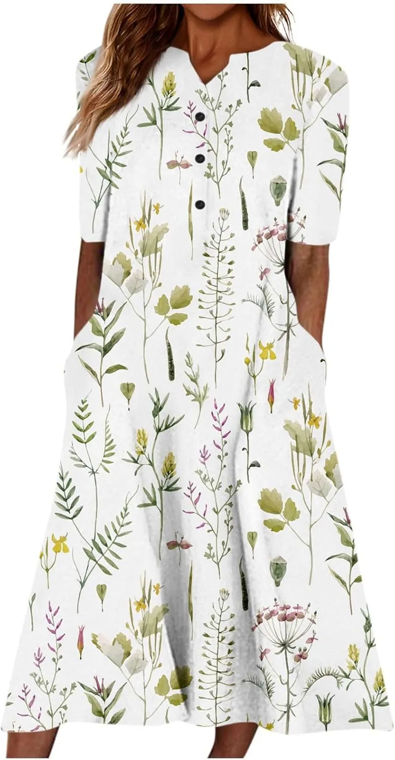 Womens Casual Printed Dresses V Neck Fashion Short Sleeve 2025 Sexy Swing Summer Dressy Daily Party Dress