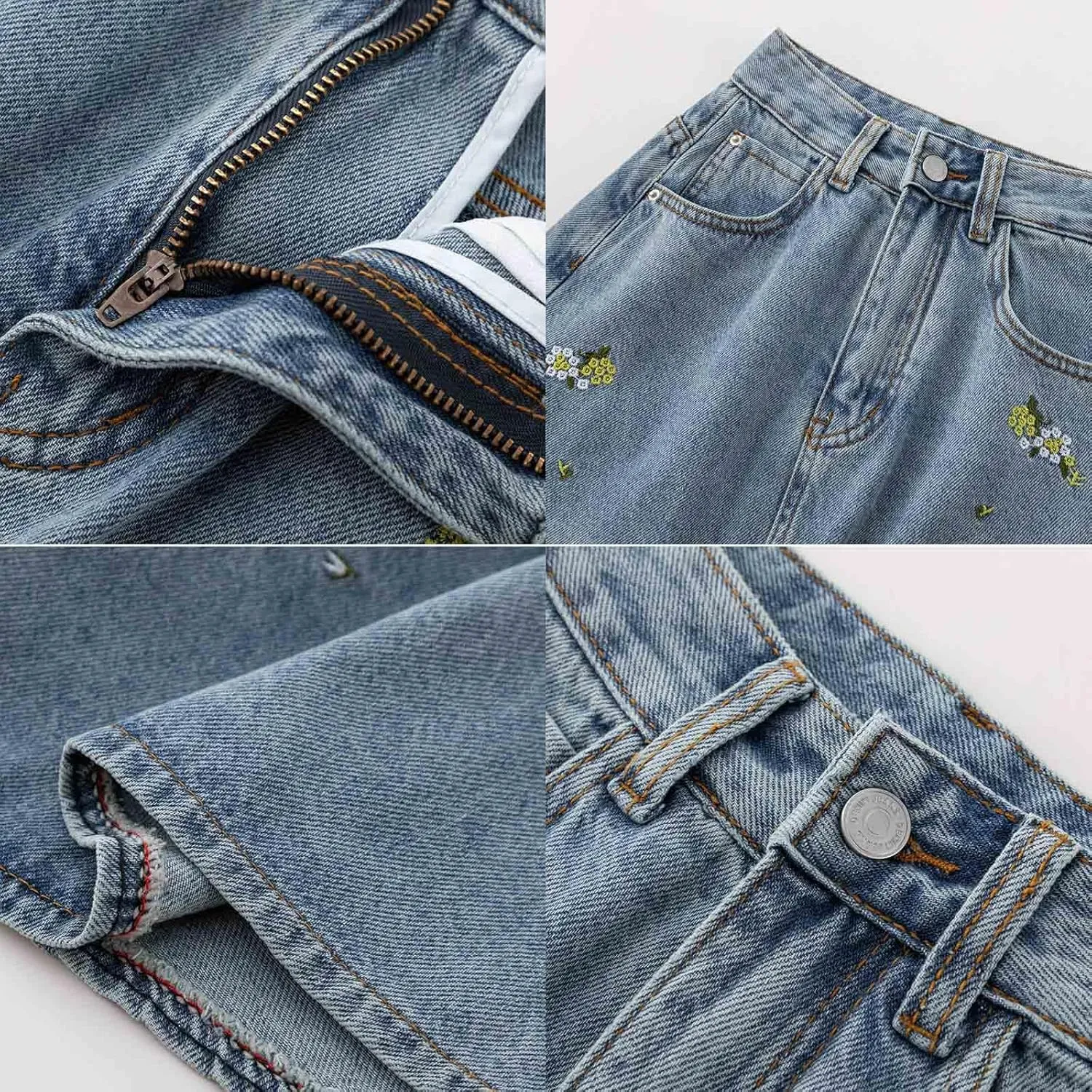 Women's Casual Vintage Denim Long Skirt, Flower Embroidered Denim Half Skirt, Women's Long A-line Blue Skirt