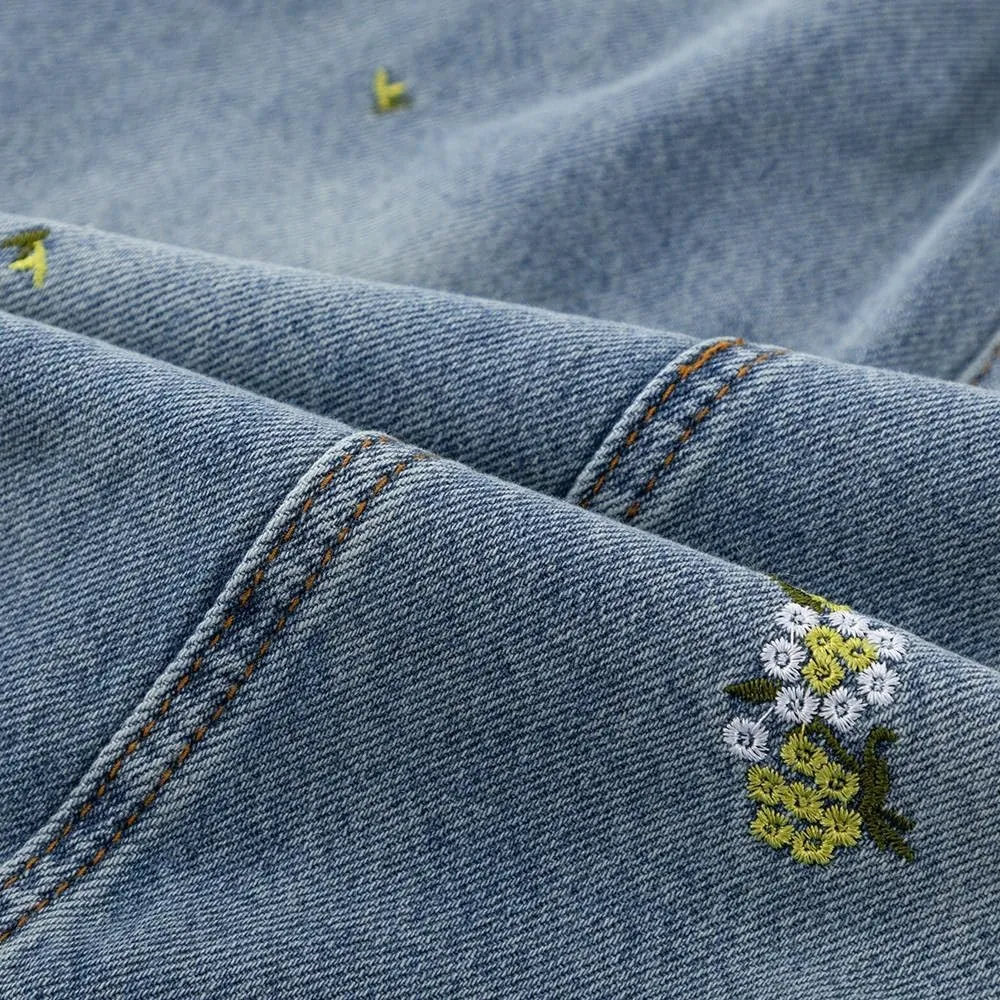 Women's Casual Vintage Denim Long Skirt, Flower Embroidered Denim Half Skirt, Women's Long A-line Blue Skirt