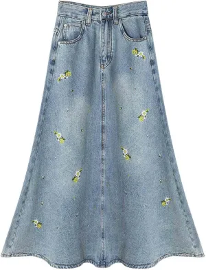 Women's Casual Vintage Denim Long Skirt, Flower Embroidered Denim Half Skirt, Women's Long A-line Blue Skirt