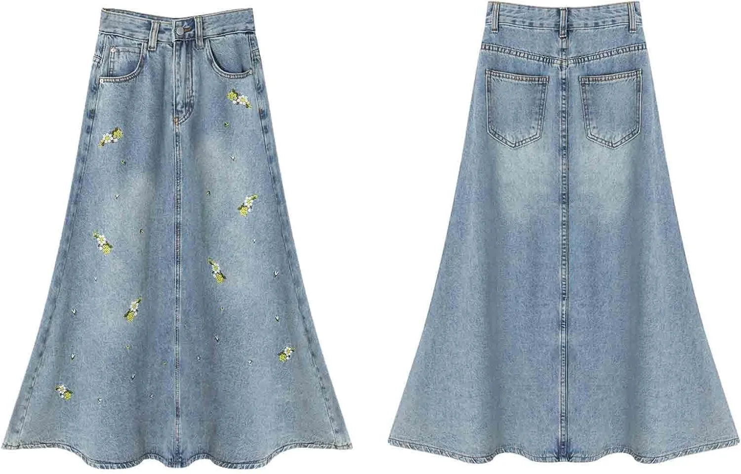 Women's Casual Vintage Denim Long Skirt, Flower Embroidered Denim Half Skirt, Women's Long A-line Blue Skirt