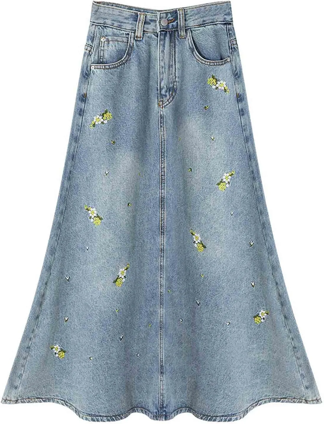 Women's Casual Vintage Denim Long Skirt, Flower Embroidered Denim Half Skirt, Women's Long A-line Blue Skirt