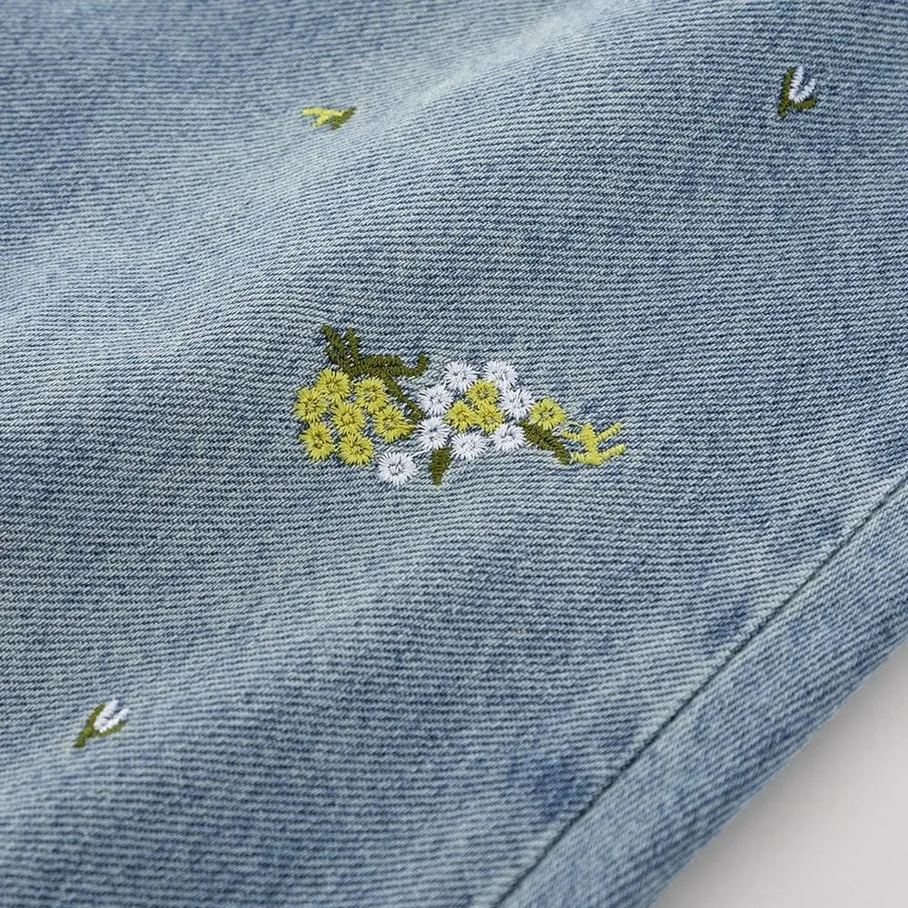 Women's Casual Vintage Denim Long Skirt, Flower Embroidered Denim Half Skirt, Women's Long A-line Blue Skirt