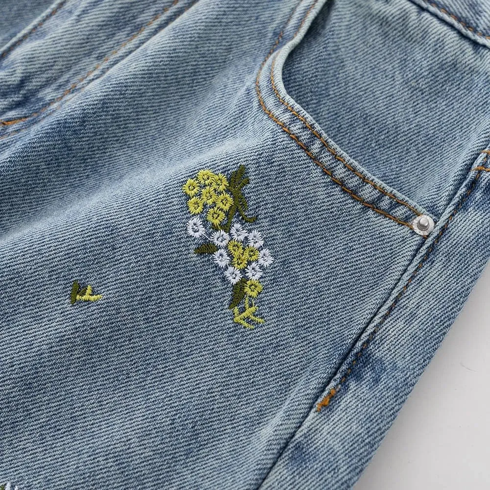 Women's Casual Vintage Denim Long Skirt, Flower Embroidered Denim Half Skirt, Women's Long A-line Blue Skirt