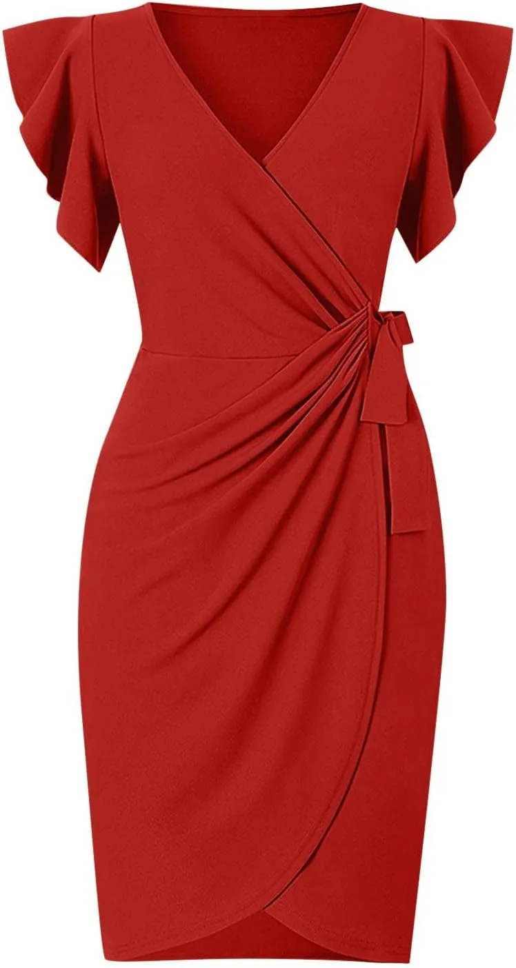 Womens Cocktail Party Dresses Ruffle Sleeve Dress V Neck Bodycon Business Work Wrap Sheath Dress Fashion Outfits