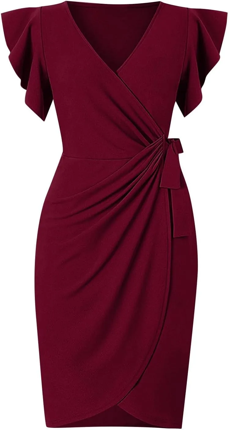 Womens Cocktail Party Dresses Ruffle Sleeve Dress V Neck Bodycon Business Work Wrap Sheath Dress Fashion Outfits