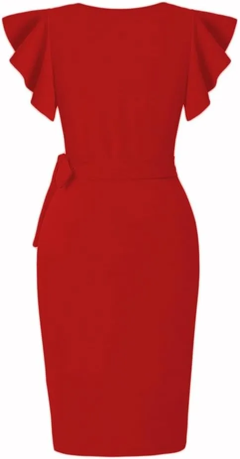Womens Cocktail Party Dresses Ruffle Sleeve Dress V Neck Bodycon Business Work Wrap Sheath Dress Fashion Outfits