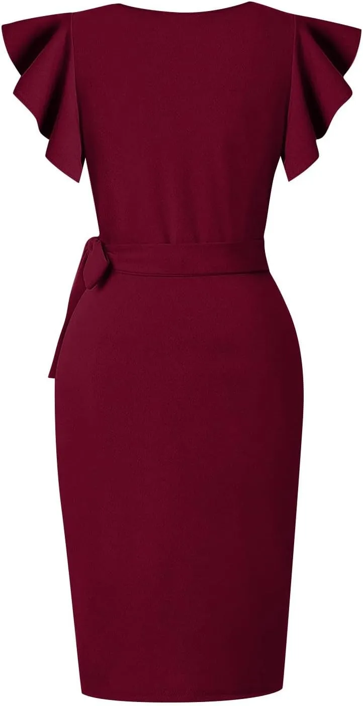 Womens Cocktail Party Dresses Ruffle Sleeve Dress V Neck Bodycon Business Work Wrap Sheath Dress Fashion Outfits