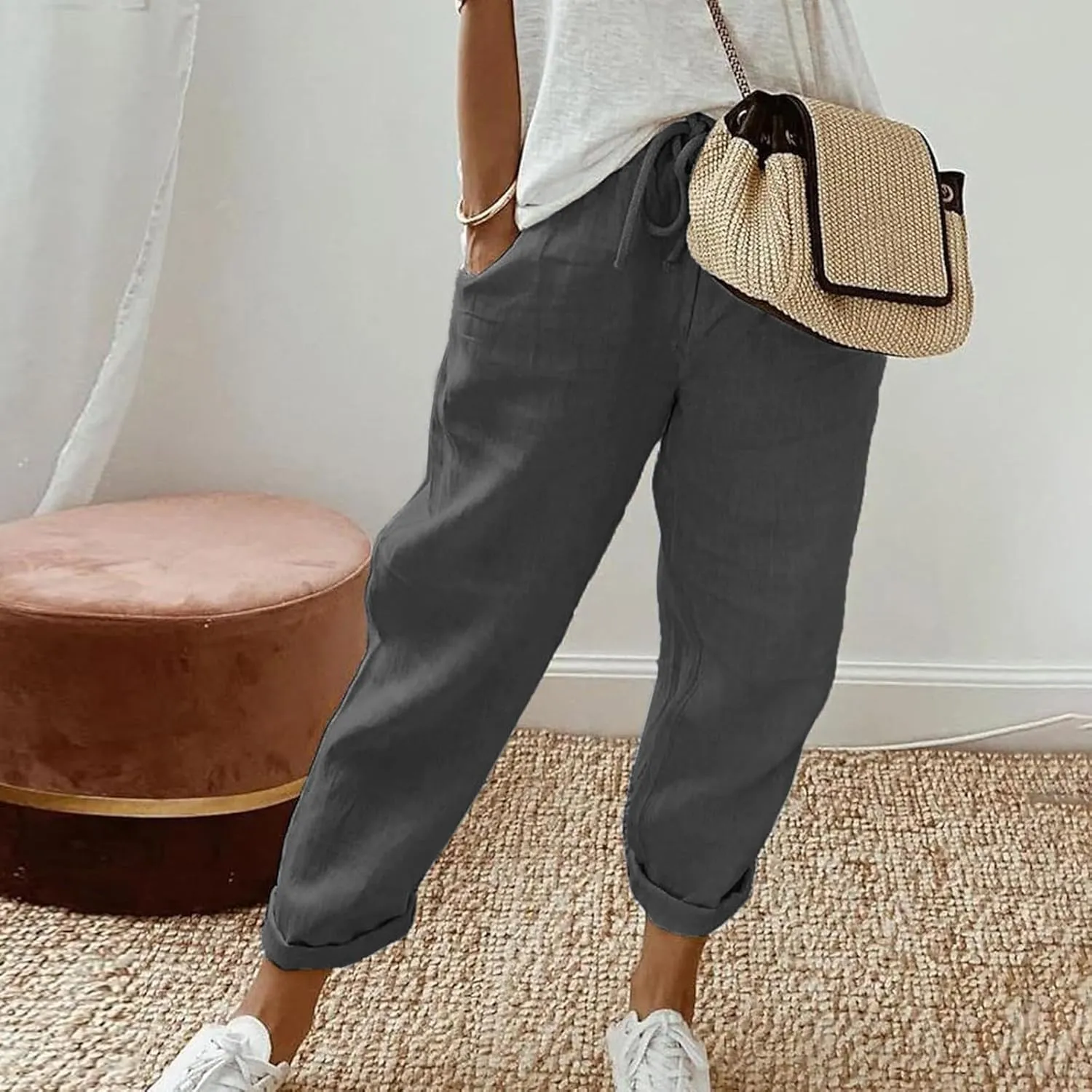 Women's Cotton Linen Pants Casual Summer High Waisted Wide Leg Cropped Baggy Lounge Pants Trousers with Pockets Beach