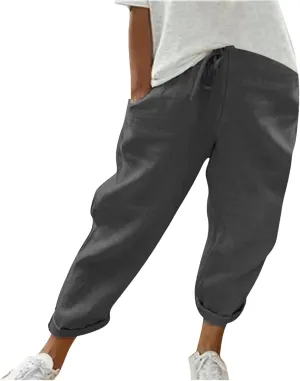 Women's Cotton Linen Pants Casual Summer High Waisted Wide Leg Cropped Baggy Lounge Pants Trousers with Pockets Beach