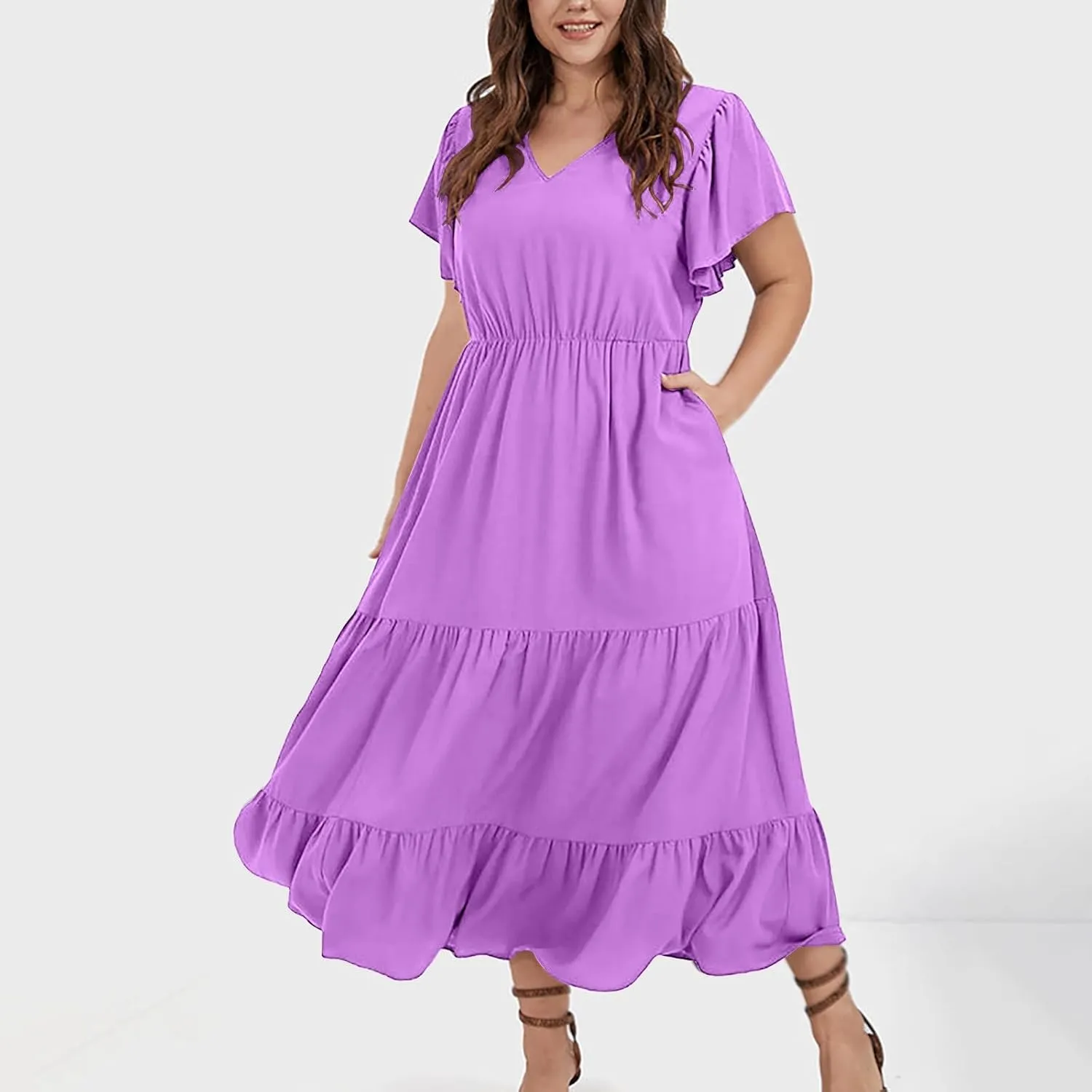 Womens Elegant Smocked Dresses V Neck Ruffle Sleeve Round Neck Solid Loose Short Flowy Pleated Mini Babydoll Dress