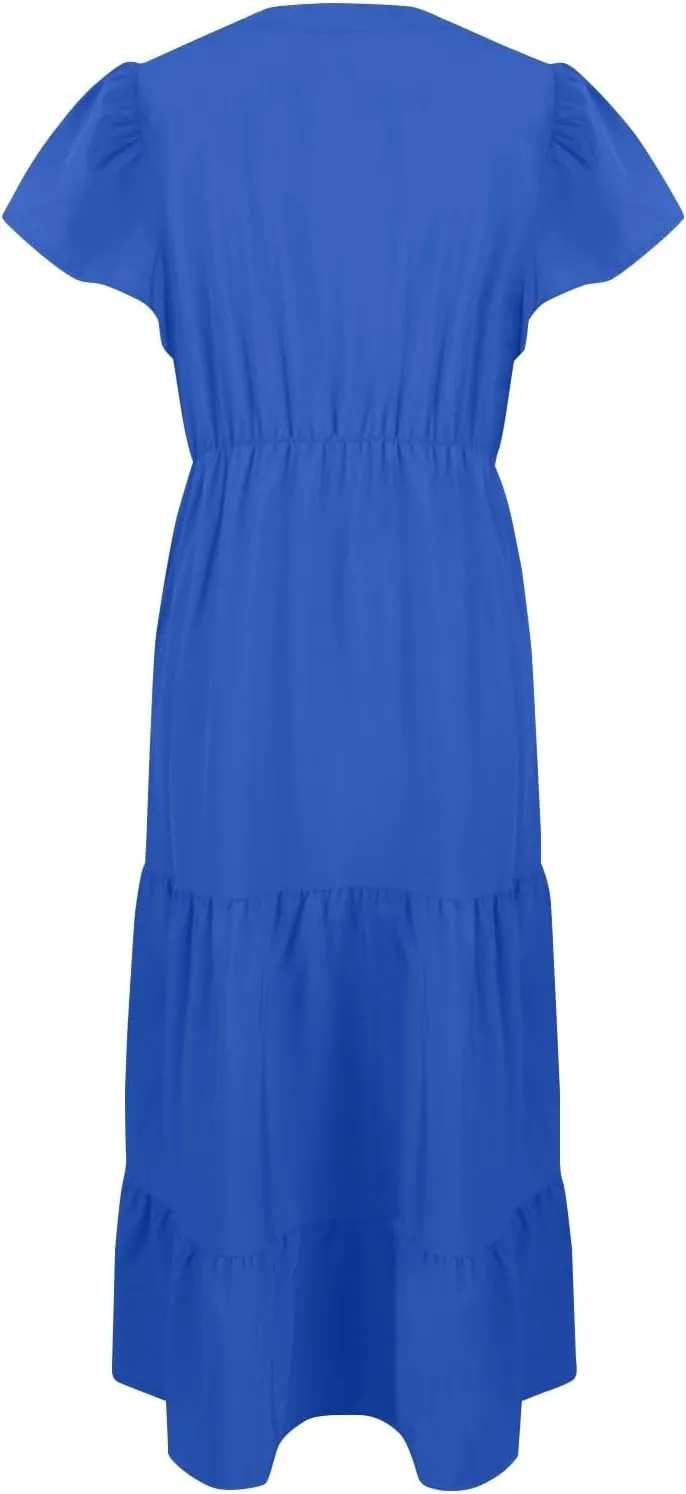 Womens Elegant Smocked Dresses V Neck Ruffle Sleeve Round Neck Solid Loose Short Flowy Pleated Mini Babydoll Dress