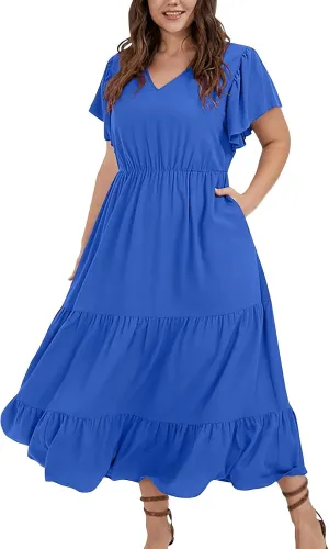 Womens Elegant Smocked Dresses V Neck Ruffle Sleeve Round Neck Solid Loose Short Flowy Pleated Mini Babydoll Dress