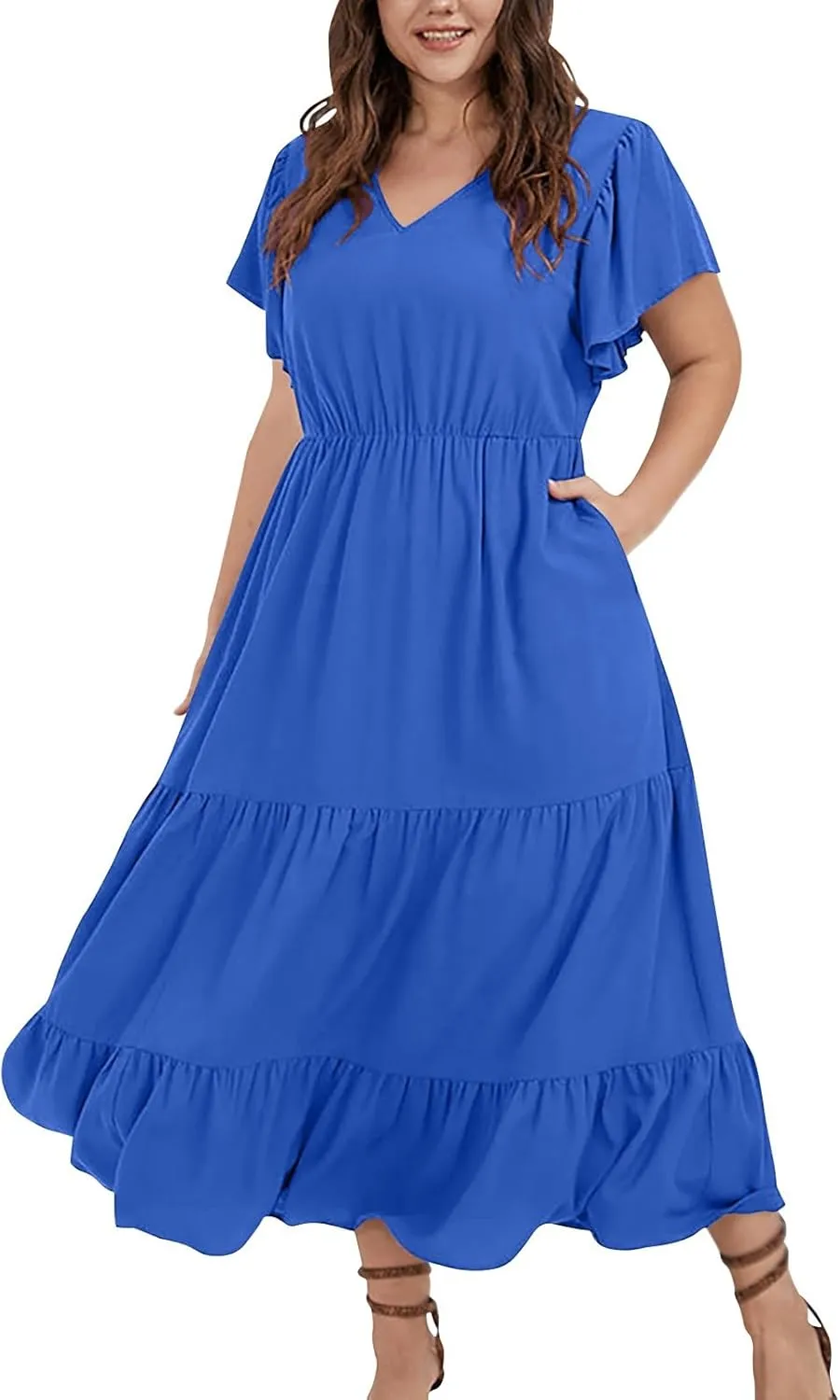 Womens Elegant Smocked Dresses V Neck Ruffle Sleeve Round Neck Solid Loose Short Flowy Pleated Mini Babydoll Dress
