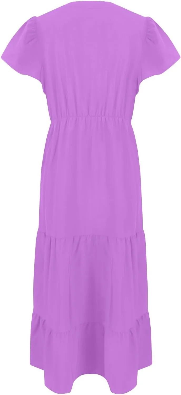 Womens Elegant Smocked Dresses V Neck Ruffle Sleeve Round Neck Solid Loose Short Flowy Pleated Mini Babydoll Dress