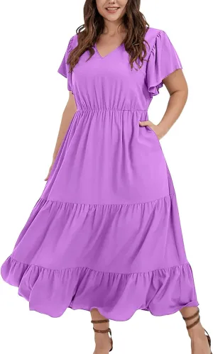Womens Elegant Smocked Dresses V Neck Ruffle Sleeve Round Neck Solid Loose Short Flowy Pleated Mini Babydoll Dress