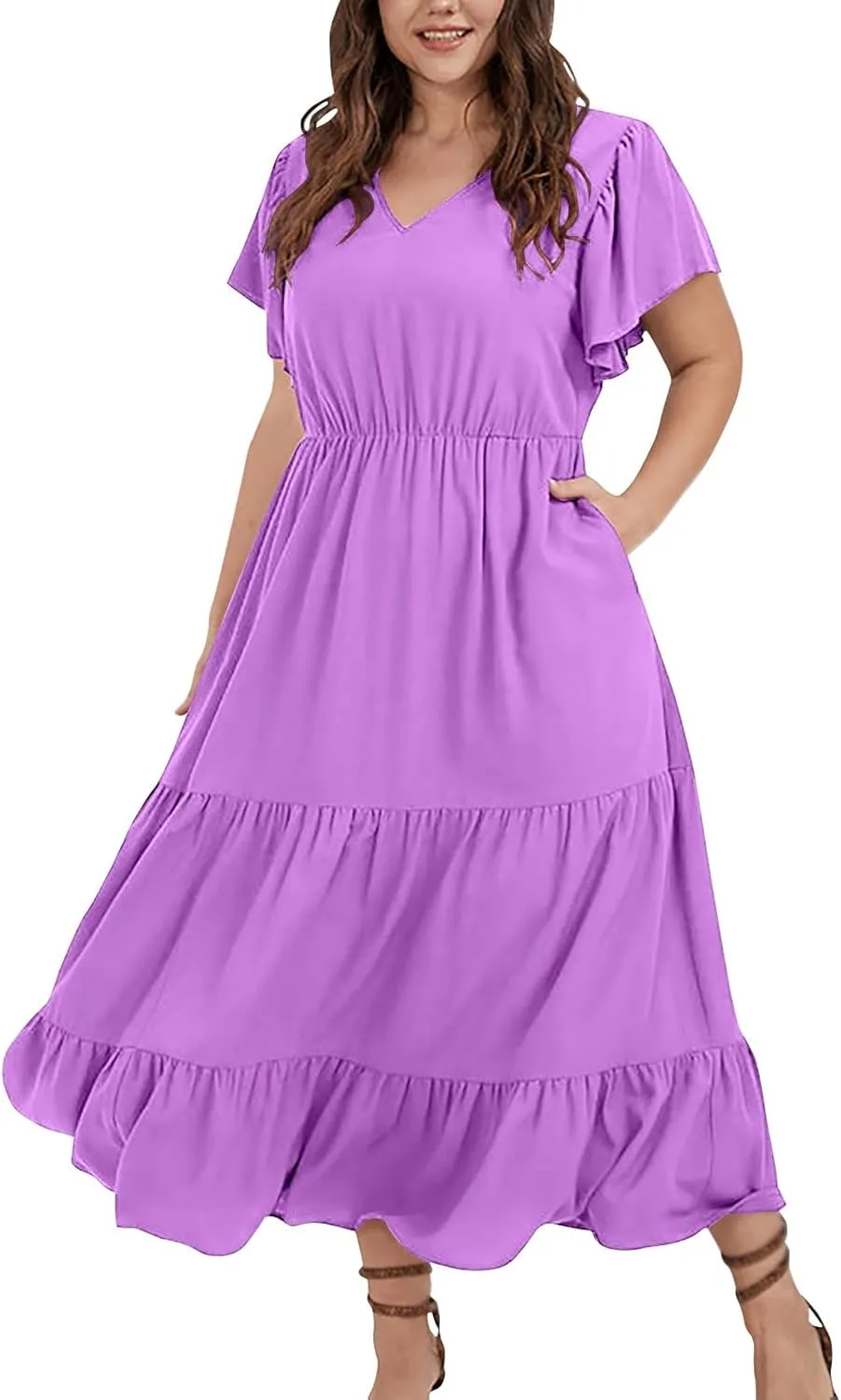 Womens Elegant Smocked Dresses V Neck Ruffle Sleeve Round Neck Solid Loose Short Flowy Pleated Mini Babydoll Dress