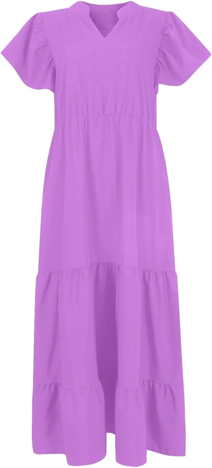 Womens Elegant Smocked Dresses V Neck Ruffle Sleeve Round Neck Solid Loose Short Flowy Pleated Mini Babydoll Dress