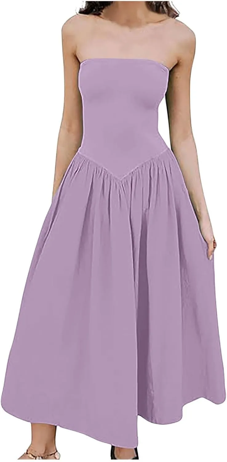 Women's Fashion 2025 Summer Elegant Strapless Tube Dress Sexy Off Shoulder Pleated Flowy Swing Mini Long Dresses