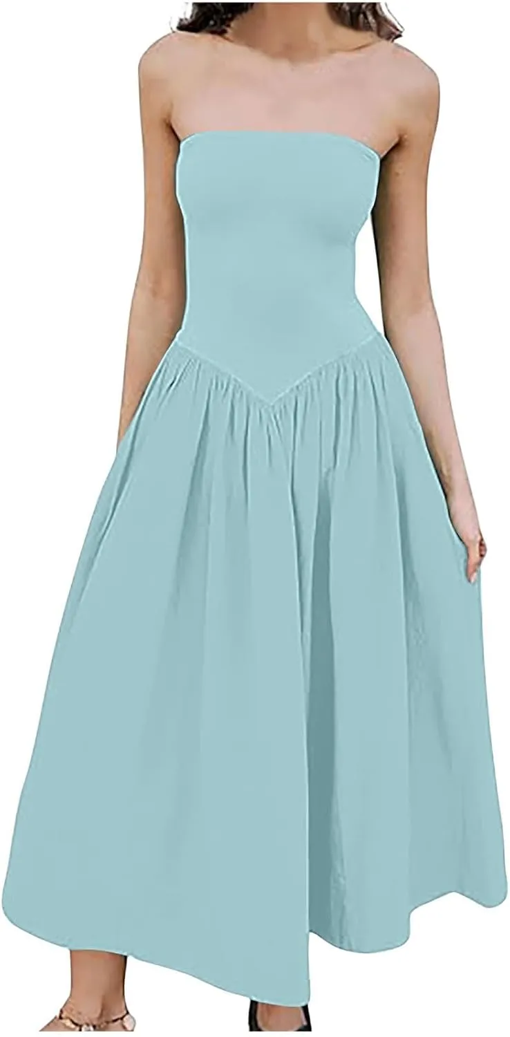 Women's Fashion 2025 Summer Elegant Strapless Tube Dress Sexy Off Shoulder Pleated Flowy Swing Mini Long Dresses