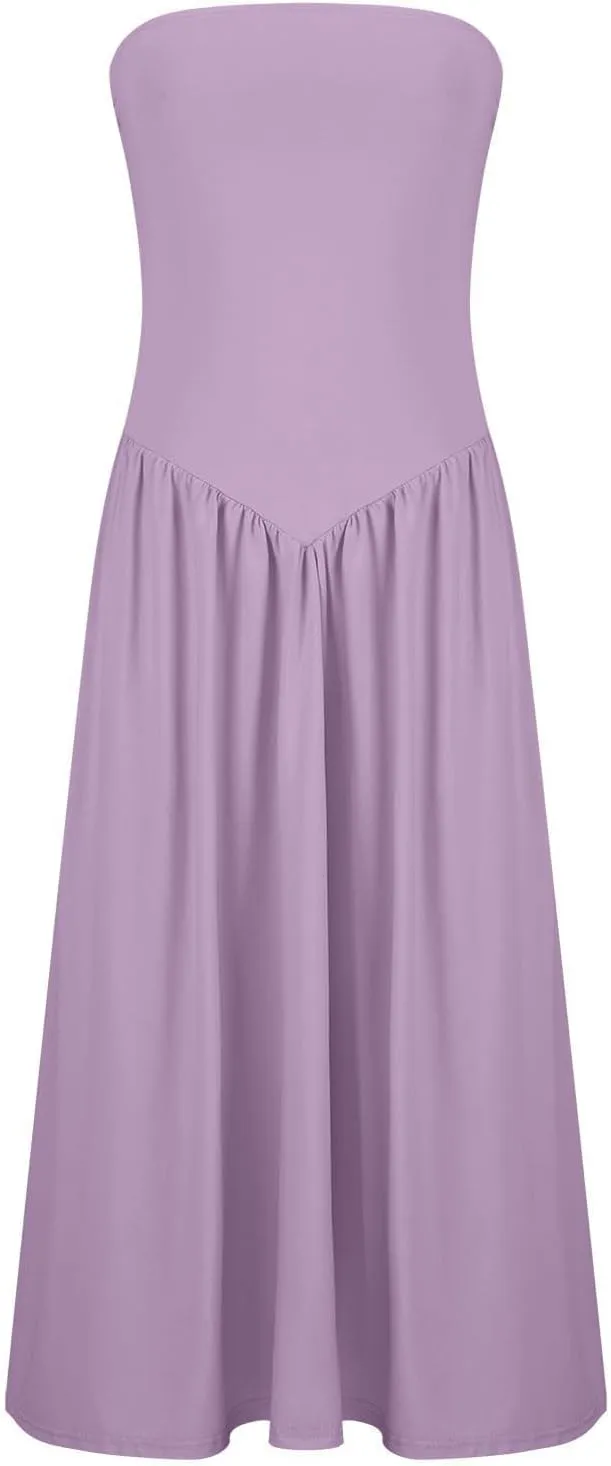 Women's Fashion 2025 Summer Elegant Strapless Tube Dress Sexy Off Shoulder Pleated Flowy Swing Mini Long Dresses