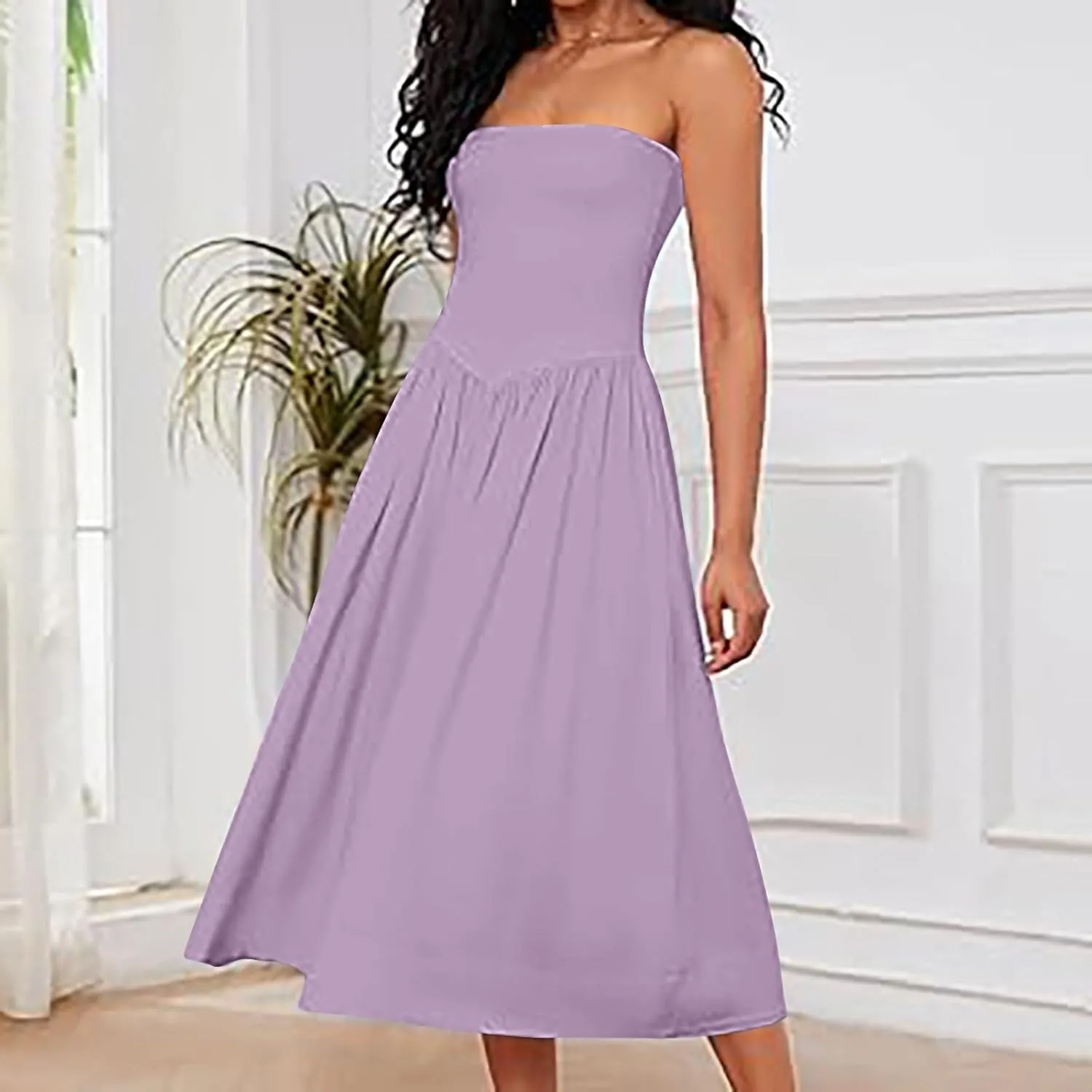 Women's Fashion 2025 Summer Elegant Strapless Tube Dress Sexy Off Shoulder Pleated Flowy Swing Mini Long Dresses