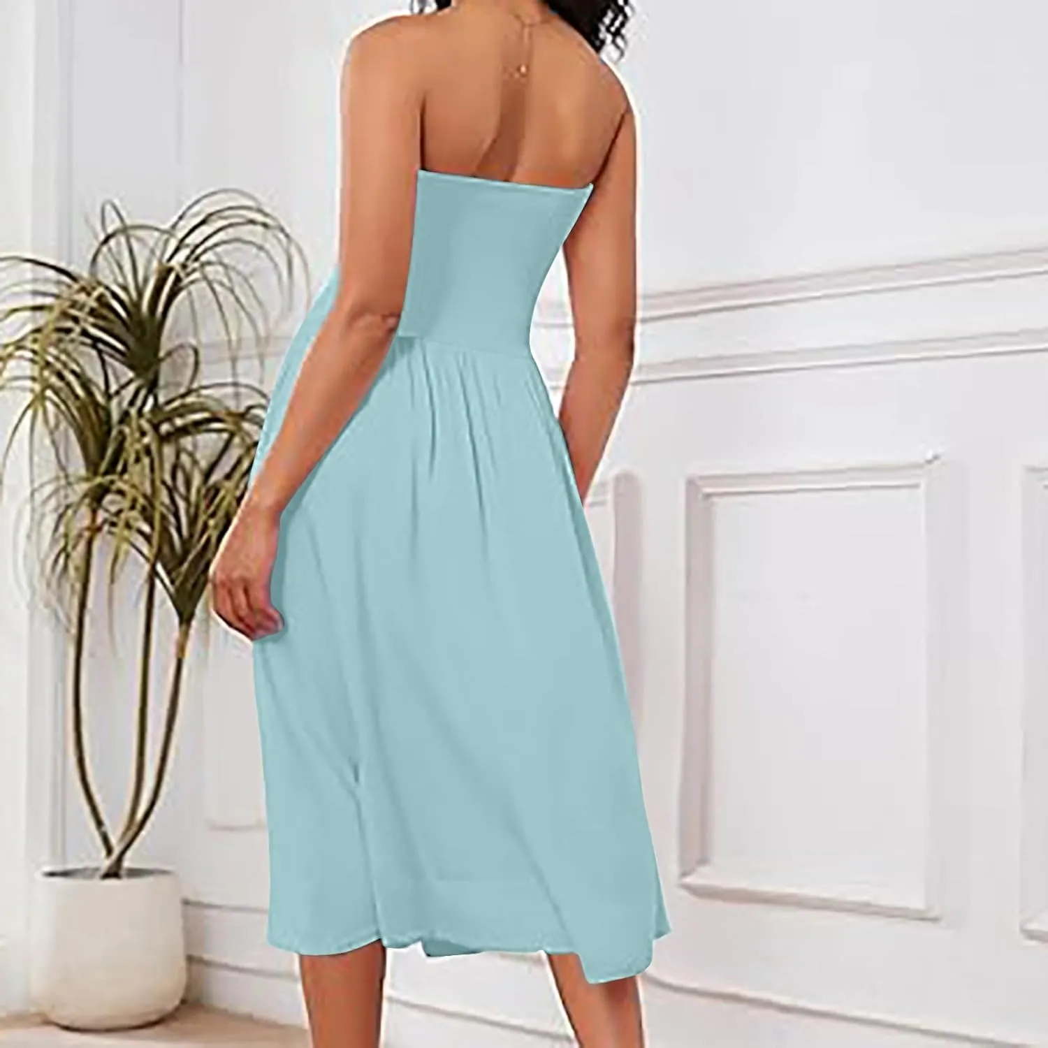 Women's Fashion 2025 Summer Elegant Strapless Tube Dress Sexy Off Shoulder Pleated Flowy Swing Mini Long Dresses