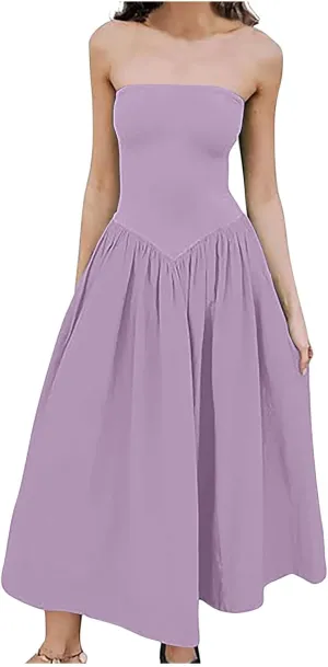 Women's Fashion 2025 Summer Elegant Strapless Tube Dress Sexy Off Shoulder Pleated Flowy Swing Mini Long Dresses