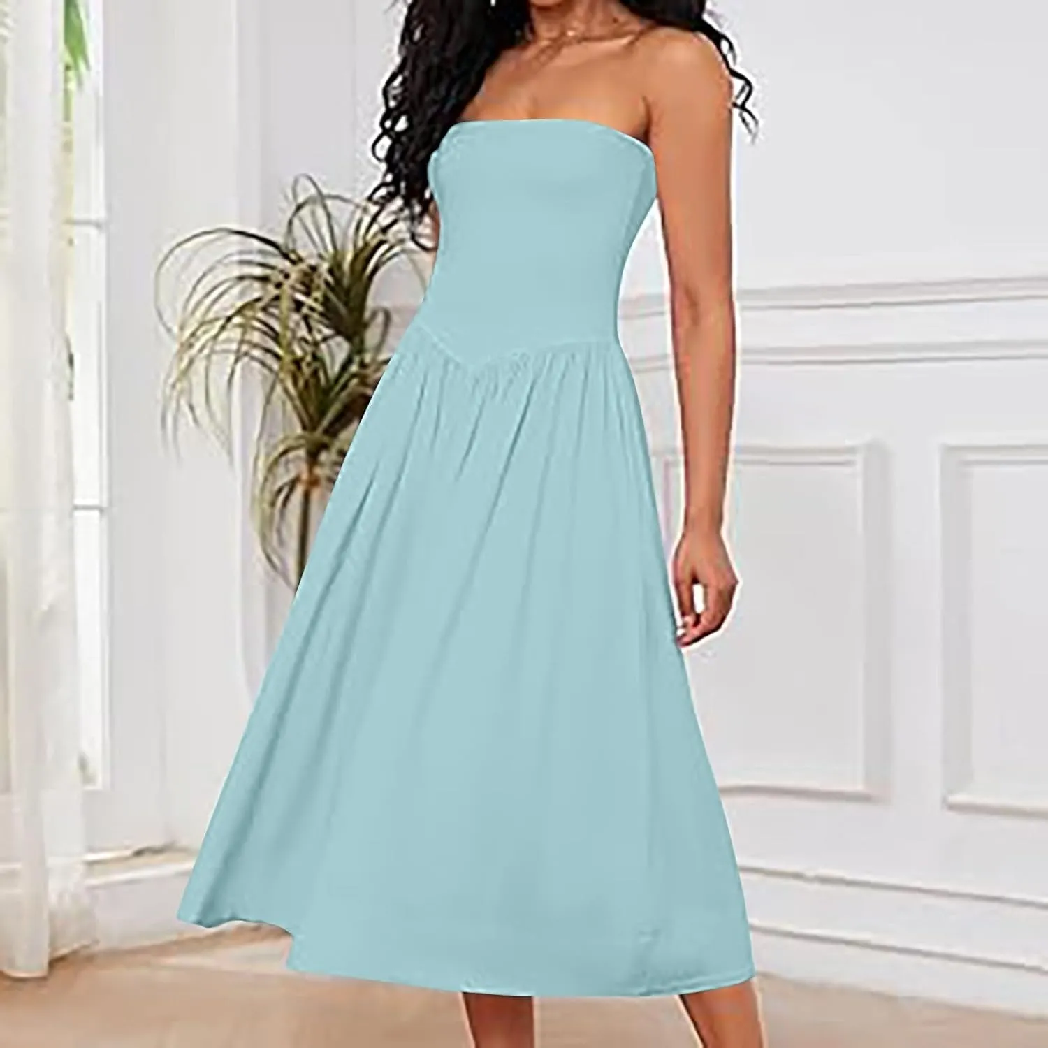Women's Fashion 2025 Summer Elegant Strapless Tube Dress Sexy Off Shoulder Pleated Flowy Swing Mini Long Dresses
