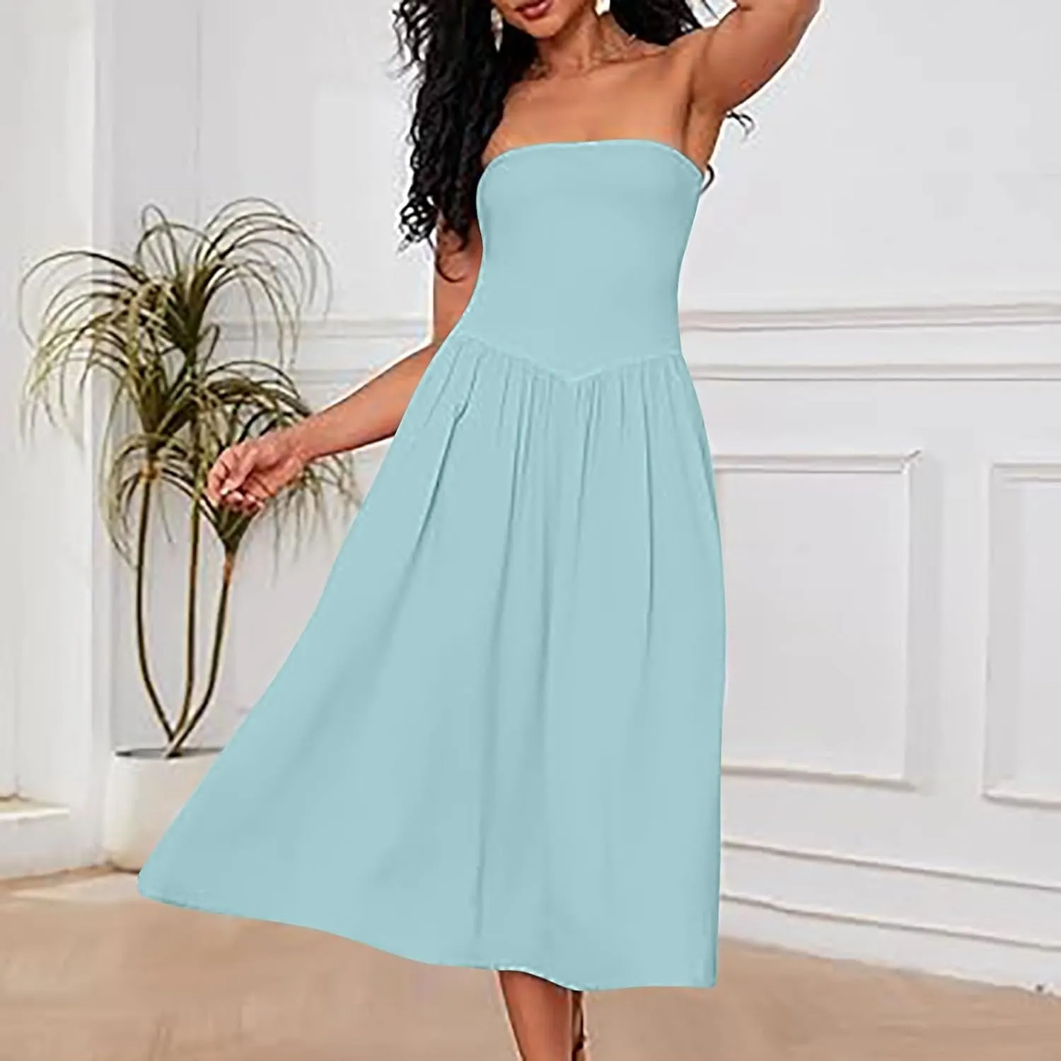 Women's Fashion 2025 Summer Elegant Strapless Tube Dress Sexy Off Shoulder Pleated Flowy Swing Mini Long Dresses