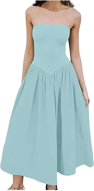 Women's Fashion 2025 Summer Elegant Strapless Tube Dress Sexy Off Shoulder Pleated Flowy Swing Mini Long Dresses