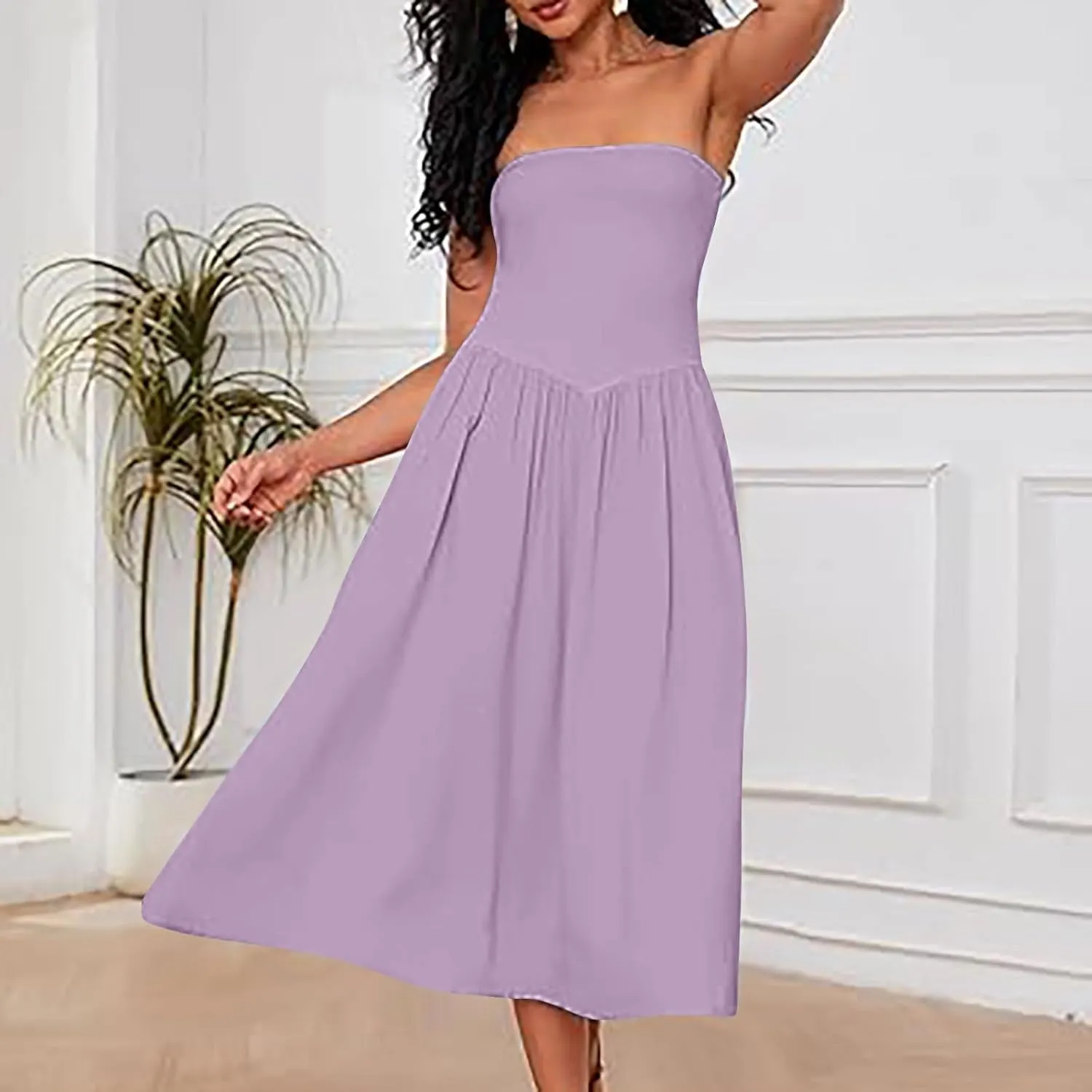 Women's Fashion 2025 Summer Elegant Strapless Tube Dress Sexy Off Shoulder Pleated Flowy Swing Mini Long Dresses