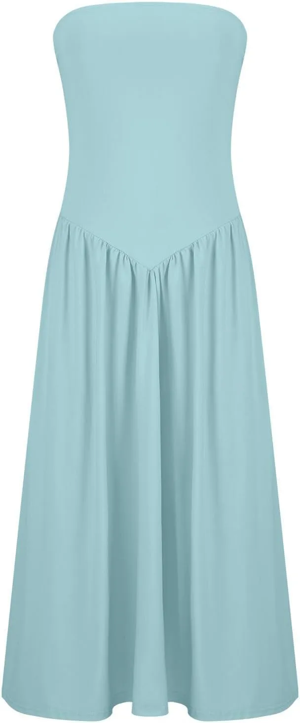 Women's Fashion 2025 Summer Elegant Strapless Tube Dress Sexy Off Shoulder Pleated Flowy Swing Mini Long Dresses